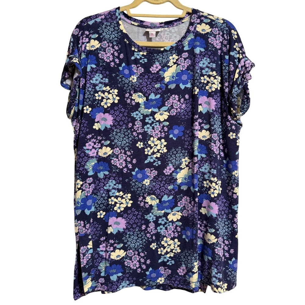 LuLaRoe Liv Womens Navy Blue Floral Short Sleeve Crew Neck Modal T-Shirt Size M